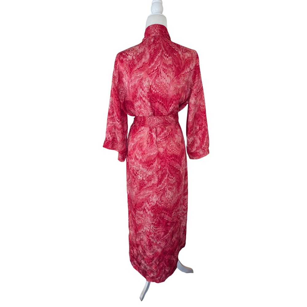 August Silk Intimates Red Pink Marbled Feather 100% Silk Long Robe Kimono Large - Picture 3 of 7